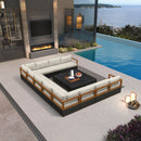 PURPLE LEAF Griffin U-shaped Patio Conversation Set Black with Cushion Pillows Ottoman and Premium Leather for Gathering Entertaining