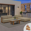 PURPLE LEAF Breck L-Shaped with table Modular Outdoor Sectional with Wood-Grain Aluminum Frame and Thick Teak-Colored Cushions for Luxury Backyard Lounge