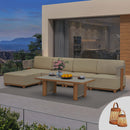 PURPLE LEAF Breck L-Shaped with table Modular Outdoor Sectional with Wood-Grain Aluminum Frame and Thick Teak-Colored Cushions for Luxury Backyard Lounge