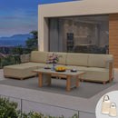 PURPLE LEAF Breck L-Shaped with table Modular Outdoor Sectional with Wood-Grain Aluminum Frame and Thick Teak-Colored Cushions for Luxury Backyard Lounge