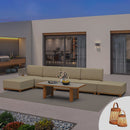 PURPLE LEAF Breck L-Shaped with table Modular Outdoor Sectional with Wood-Grain Aluminum Frame and Thick Teak-Colored Cushions for Luxury Backyard Lounge