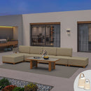 PURPLE LEAF Breck L-Shaped with table Modular Outdoor Sectional with Wood-Grain Aluminum Frame and Thick Teak-Colored Cushions for Luxury Backyard Lounge