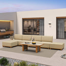 PURPLE LEAF Breck L-Shaped with table Modular Outdoor Sectional with Wood-Grain Aluminum Frame and Thick Teak-Colored Cushions for Luxury Backyard Lounge