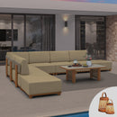 PURPLE LEAF Breck L-Shaped with table Modular Outdoor Sectional with Wood-Grain Aluminum Frame and Thick Teak-Colored Cushions for Luxury Backyard Lounge