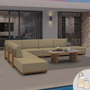 PURPLE LEAF Breck L-Shaped with table Modular Outdoor Sectional with Wood-Grain Aluminum Frame and Thick Teak-Colored Cushions for Luxury Backyard Lounge
