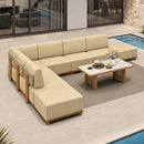 PURPLE LEAF Breck L-Shaped with table Modular Outdoor Sectional with Wood-Grain Aluminum Frame and Thick Teak-Colored Cushions for Luxury Backyard Lounge