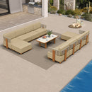 PURPLE LEAF Breck L-Shaped with table Modular Outdoor Sectional with Wood-Grain Aluminum Frame and Thick Teak-Colored Cushions for Luxury Backyard Lounge