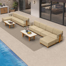PURPLE LEAF Breck L-Shaped with table Modular Outdoor Sectional with Wood-Grain Aluminum Frame and Thick Teak-Colored Cushions for Luxury Backyard Lounge