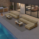 PURPLE LEAF Breck L-Shaped with table Modular Outdoor Sectional with Wood-Grain Aluminum Frame and Thick Teak-Colored Cushions for Luxury Backyard Lounge
