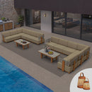 PURPLE LEAF Breck L-Shaped with table Modular Outdoor Sectional with Wood-Grain Aluminum Frame and Thick Teak-Colored Cushions for Luxury Backyard Lounge
