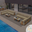 PURPLE LEAF Breck L-Shaped with table Modular Outdoor Sectional with Wood-Grain Aluminum Frame and Thick Teak-Colored Cushions for Luxury Backyard Lounge