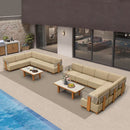 PURPLE LEAF Breck L-Shaped with table Modular Outdoor Sectional with Wood-Grain Aluminum Frame and Thick Teak-Colored Cushions for Luxury Backyard Lounge