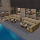 PURPLE LEAF Breck L-Shaped with table Modular Outdoor Sectional with Wood-Grain Aluminum Frame and Thick Teak-Colored Cushions for Luxury Backyard Lounge