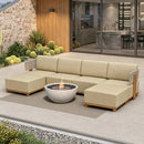 PURPLE LEAF Breck U-Shaped Modular Outdoor Sectional with Wood-Grain Aluminum Frame and Thick Teak-Colored Cushions for Family Entertaining