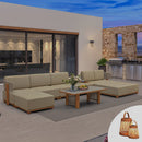 PURPLE LEAF Breck U-Shaped  with table Modular Outdoor Sectional with Wood-Grain Aluminum Frame and Thick Teak-Colored Cushions for Family Entertaining