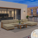 PURPLE LEAF Breck U-Shaped  with table Modular Outdoor Sectional with Wood-Grain Aluminum Frame and Thick Teak-Colored Cushions for Family Entertaining