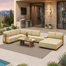 PURPLE LEAF Breck U-Shaped  with table Modular Outdoor Sectional with Wood-Grain Aluminum Frame and Thick Teak-Colored Cushions for Family Entertaining