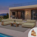 PURPLE LEAF Breck U-Shaped  with table Modular Outdoor Sectional with Wood-Grain Aluminum Frame and Thick Teak-Colored Cushions for Family Entertaining