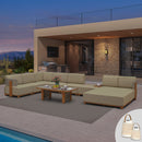 PURPLE LEAF Breck U-Shaped  with table Modular Outdoor Sectional with Wood-Grain Aluminum Frame and Thick Teak-Colored Cushions for Family Entertaining