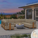 PURPLE LEAF Breck U-Shaped Modular Outdoor Sectional with Wood-Grain Aluminum Frame and Thick Teak-Colored Cushions for Family Entertaining