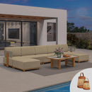 PURPLE LEAF Breck U-Shaped  with table Modular Outdoor Sectional with Wood-Grain Aluminum Frame and Thick Teak-Colored Cushions for Family Entertaining