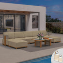 PURPLE LEAF Breck U-Shaped  with table Modular Outdoor Sectional with Wood-Grain Aluminum Frame and Thick Teak-Colored Cushions for Family Entertaining