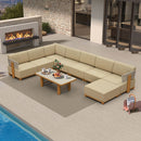 PURPLE LEAF Breck U-Shaped  with table Modular Outdoor Sectional with Wood-Grain Aluminum Frame and Thick Teak-Colored Cushions for Family Entertaining