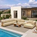 PURPLE LEAF Breck U-Shaped  with table Modular Outdoor Sectional with Wood-Grain Aluminum Frame and Thick Teak-Colored Cushions for Family Entertaining