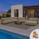 PURPLE LEAF Breck U-Shaped  with table Modular Outdoor Sectional with Wood-Grain Aluminum Frame and Thick Teak-Colored Cushions for Family Entertaining