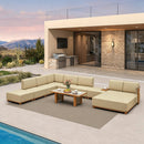 PURPLE LEAF Breck U-Shaped  with table Modular Outdoor Sectional with Wood-Grain Aluminum Frame and Thick Teak-Colored Cushions for Family Entertaining