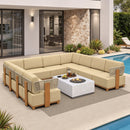 PURPLE LEAF Breck U-Shaped Modular Outdoor Sectional with Wood-Grain Aluminum Frame and Thick Teak-Colored Cushions for Family Entertaining