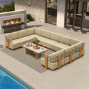 PURPLE LEAF Breck U-Shaped  with table Modular Outdoor Sectional with Wood-Grain Aluminum Frame and Thick Teak-Colored Cushions for Family Entertaining